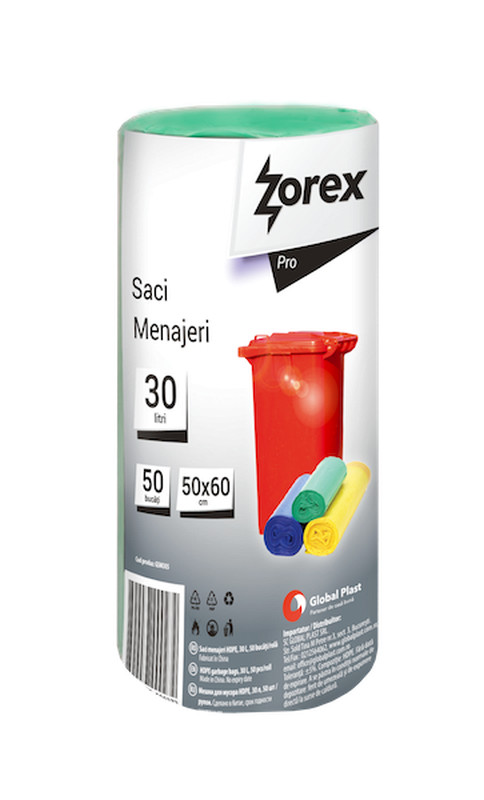 Saci menajeri Zorex Pro, 30L, verde, 50 buc/rola