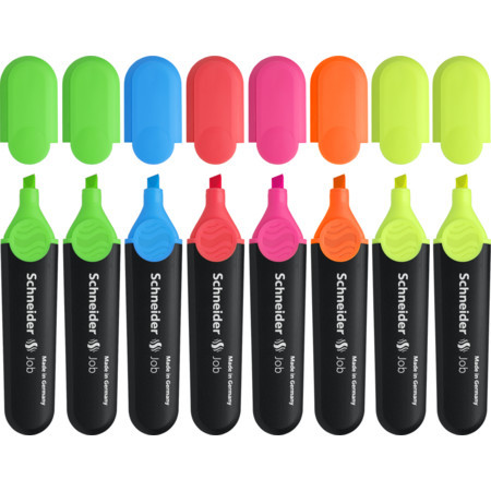 Set textmarker Schneider Job, vârf lat, 8 culori/set - (2xG, O, V, R, A, R, Vi)