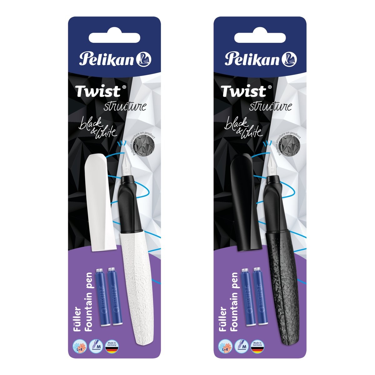 Stilou Pelikan Twist Structure, penița M, grip ergonomic, ambidextru, 2 rezerve albastre incluse, 2 culori alb/negru, blister - 1 | YEO