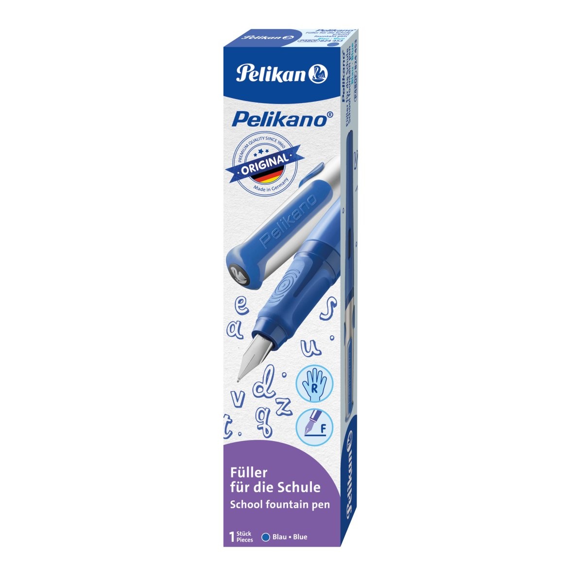 Stilou Pelikano, penița F, grip ergonomic, pentru dreptaci, 1 patron mare albastru inclus, culoare albastru, în cutie de carton - 1 | YEO