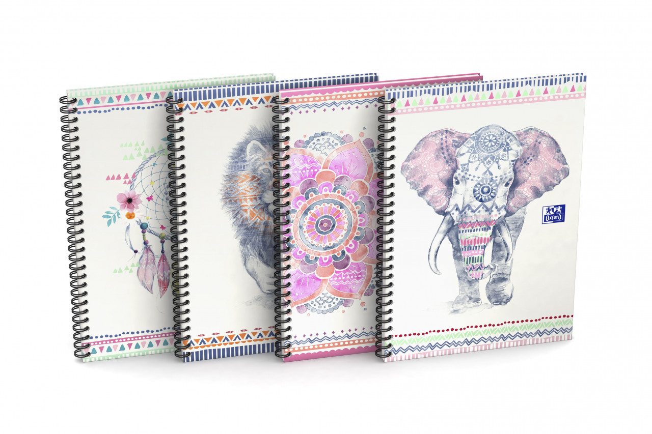Caiet cu spirala A4+, OXFORD Boho Chic, 60 file-90g/mp, Scribzee, coperta carton rigid-mate-asortate