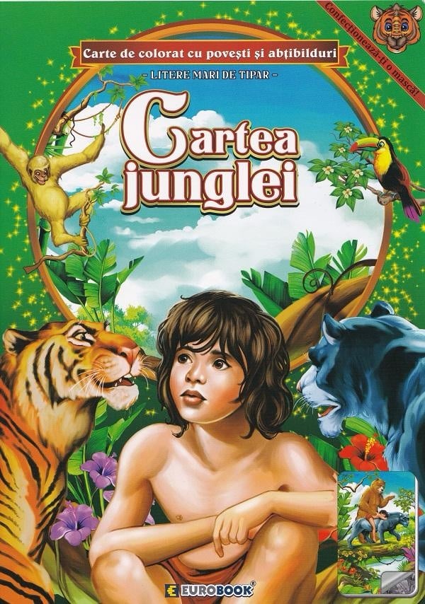 Carte de colorat A4 cu povesti si abtibilduri - Cartea junglei