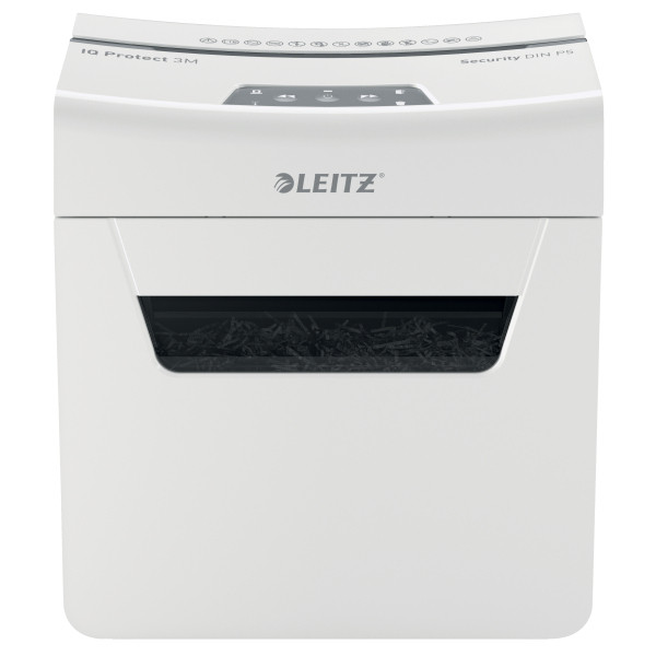 Distrugator documente manual LEITZ IQ Protect 3M, P5, micro-cut (particule), 3 coli, cos 10l, alb
