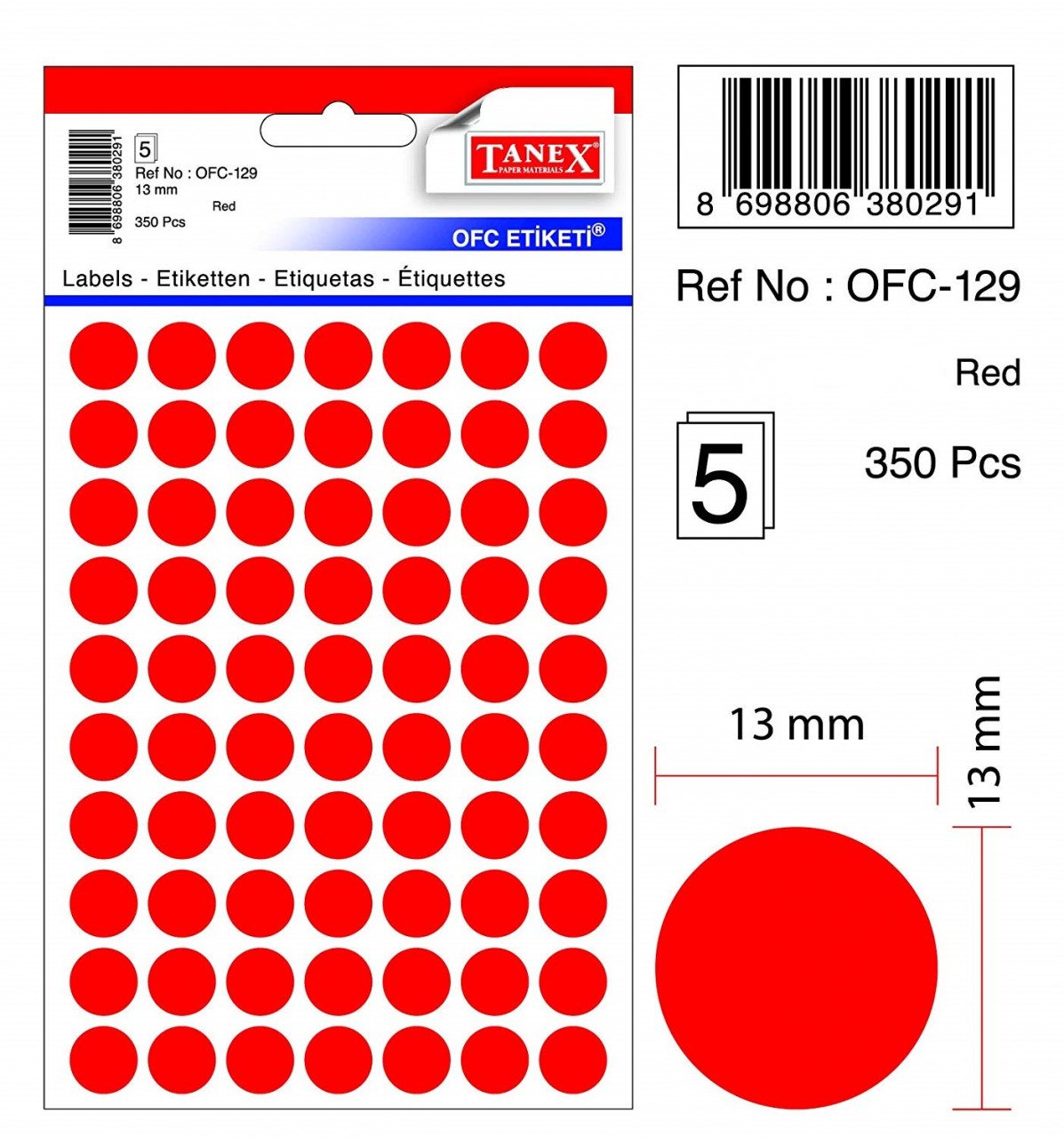Etichete autoadezive color Tanex - rosu, D13 mm, 350 buc/set