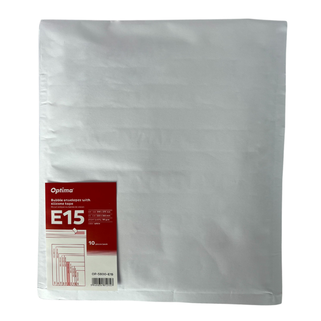 Plic antișoc Optima E15, alb, 240x275mm - ext., 220x265mm - int., lipire siliconica, 10 buc/set