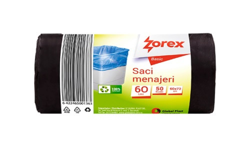 Saci menajeri Zorex Basic, 60 L, negri, 50 bucăţi/rolă