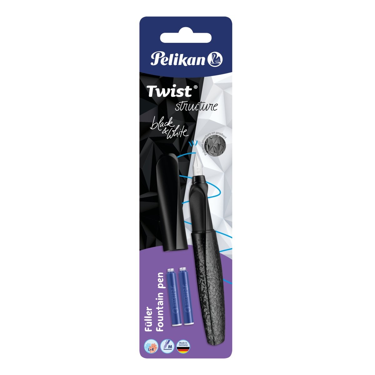 Stilou Pelikan Twist Structure, penița M, grip ergonomic, ambidextru, 2 rezerve albastre incluse, 2 culori alb/negru, blister - 2 | YEO