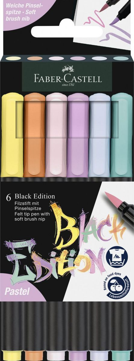 Brush pens, set 6 culori pastel, Black edition, Faber-castell