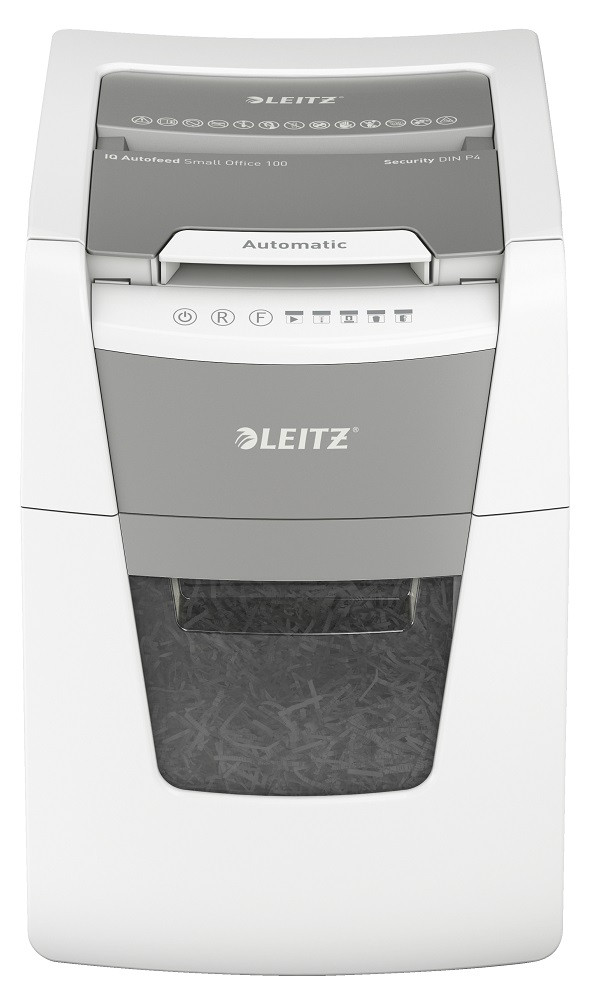 Distrugator documente automat LEITZ IQ Small Office, P4, cross-cut (confeti), 100 coli, cos 34l, alb