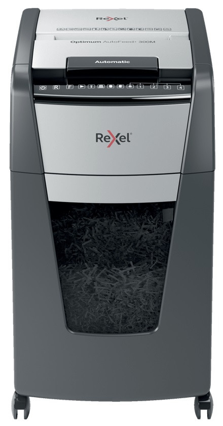 Distrugator documente automat REXEL OPTIMUM 300M, P5, micro-cut (particule), 300 coli, cos 60l, negr