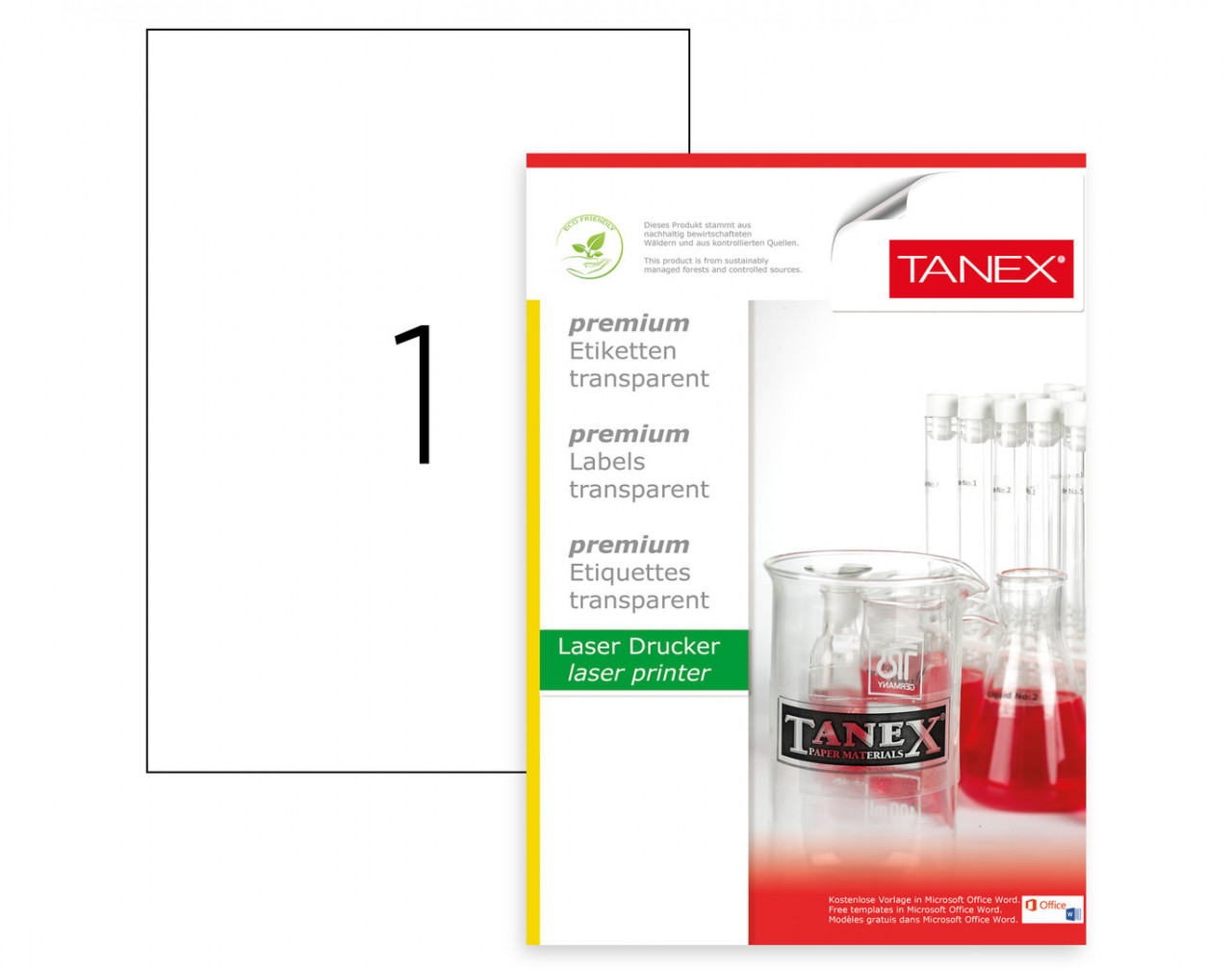 Etichete transparente autoadezive Tanex - colțuri drepte, 1/A4, 210 x 297mm, 25 coli/top,