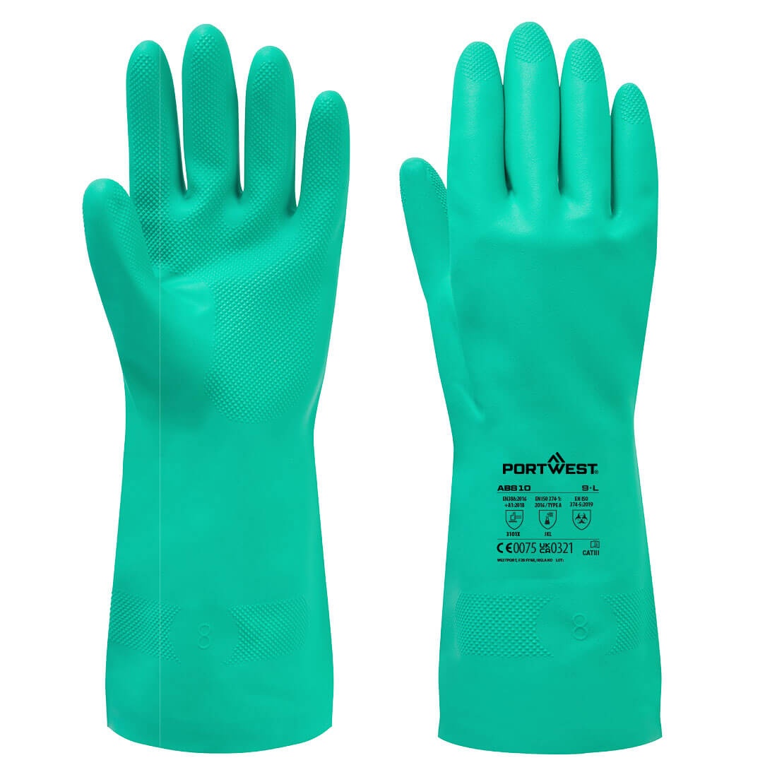 Mănuși de protecție chimică din nitril Portwest AB810 NITROSAFE ESSENTIAL, 320 mm, Verde (Set 12 perechi)