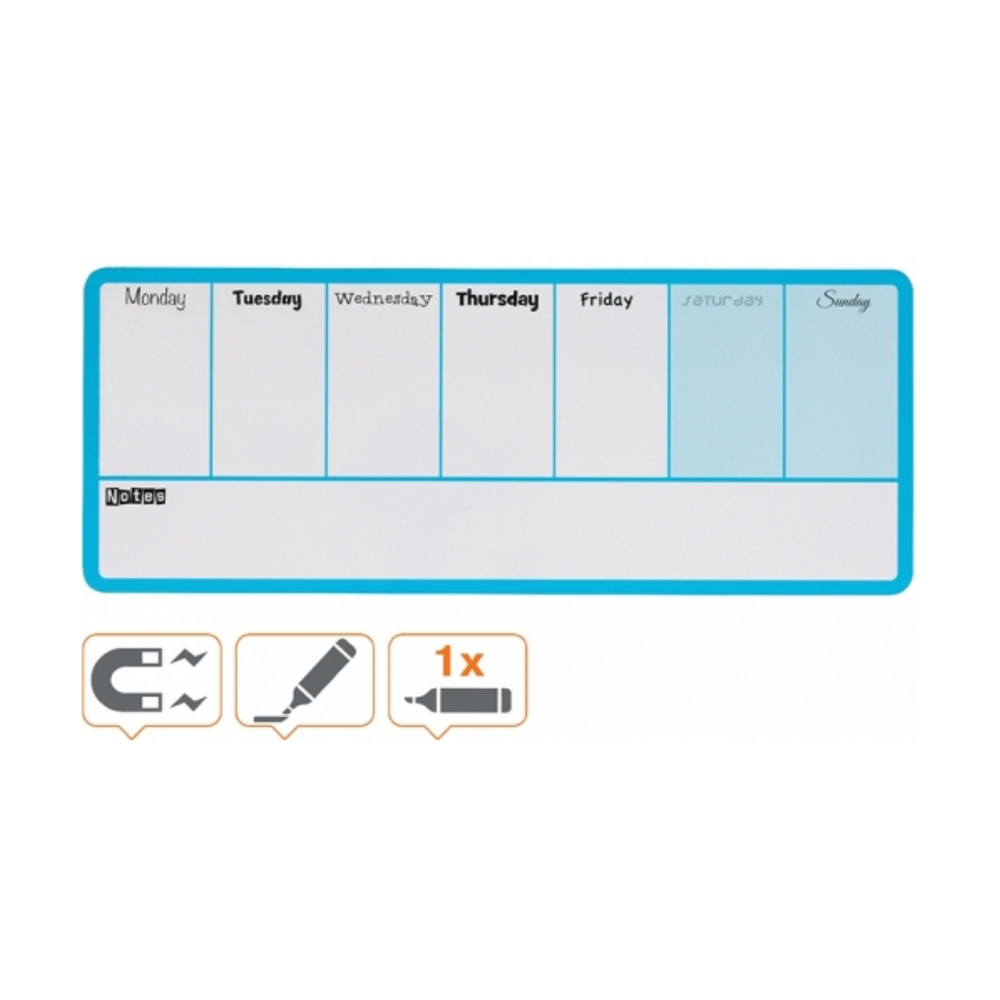 Organizator magnetic săptămânal, 140x36 cm, include marker și magneți, albastru, NOBO