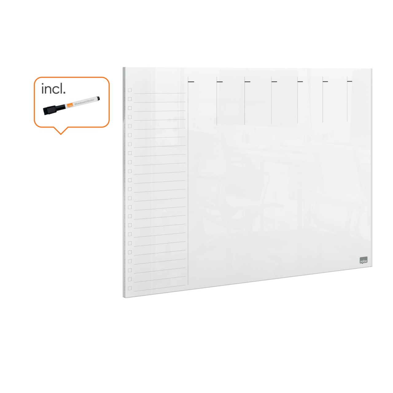 Organizator săptămânal, acrylic, pentru birou sau perete, A4, marker inclus, transparent, NOBO - 2 | YEO