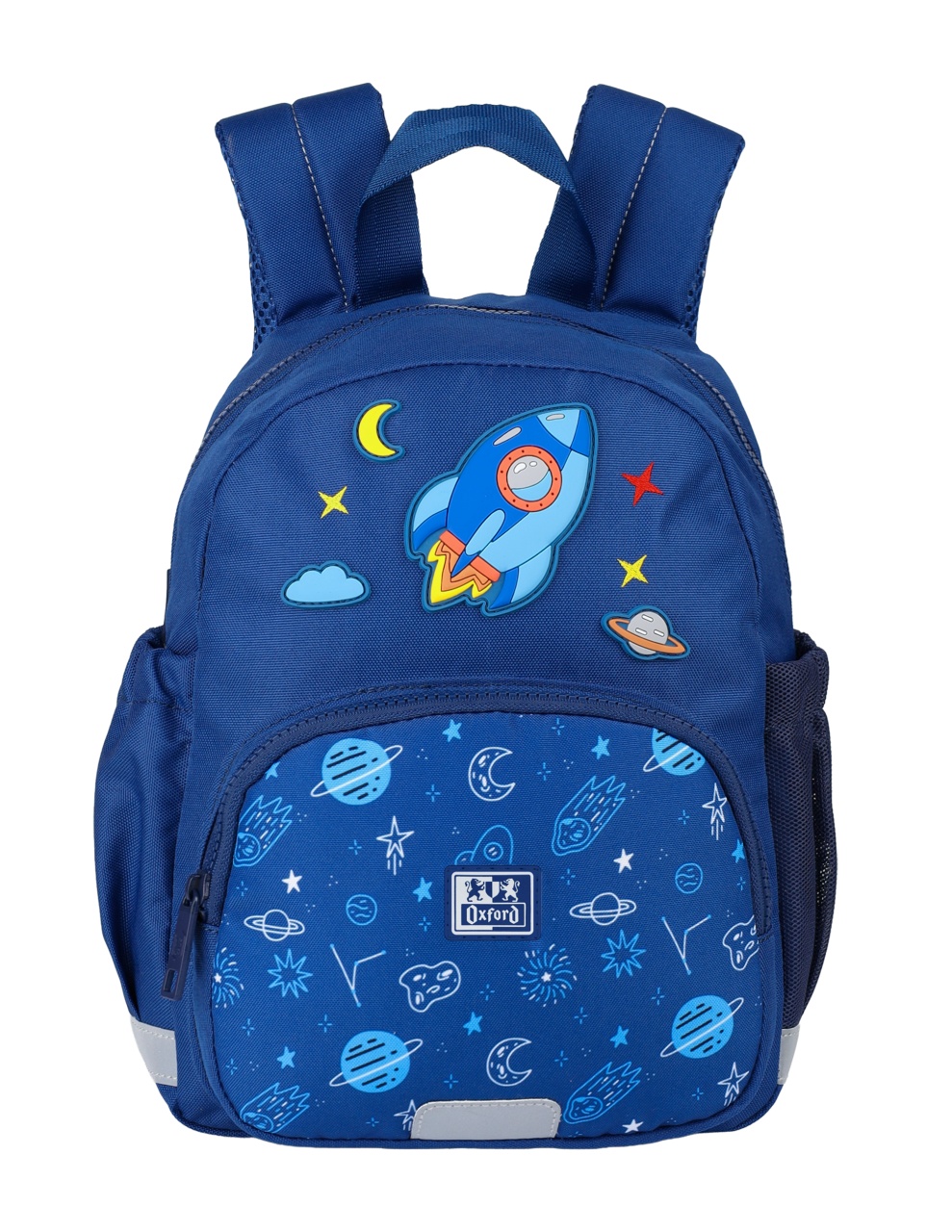 Rucsac grădiniță Oxford Space, 1 compartiment, 23 x 31 x 12 cm, compatibil format A4, buzunar frontal cu fermoar, buzunare laterale cu elastic, bareta torace reglabilă, mâner, etichetă nume, cutie snack izotermă, poliester reciclat, culoare albastru