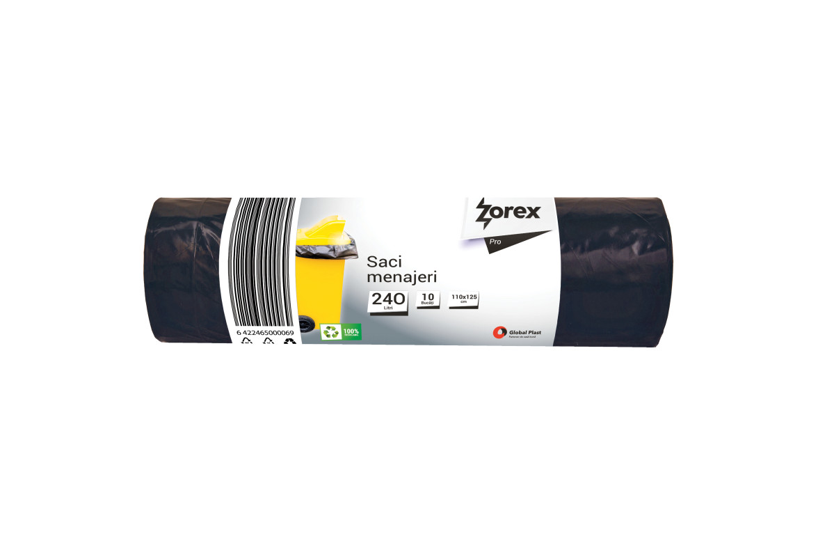 Saci menajeri Zorex Pro, 240L, negru, 10 buc/rola
