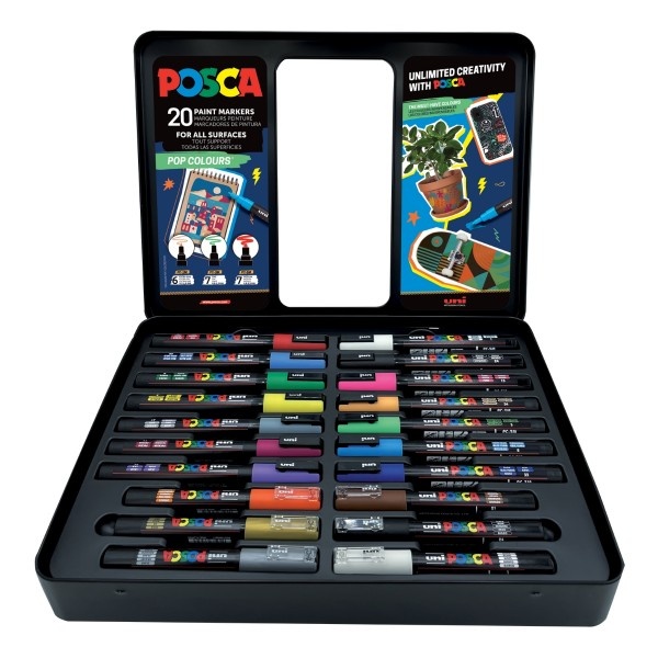 Set 20x Marker UNI Posca POP Colours, cutie metalică (6x PC-1M, 7x PC-3M, 7x PC-5M)