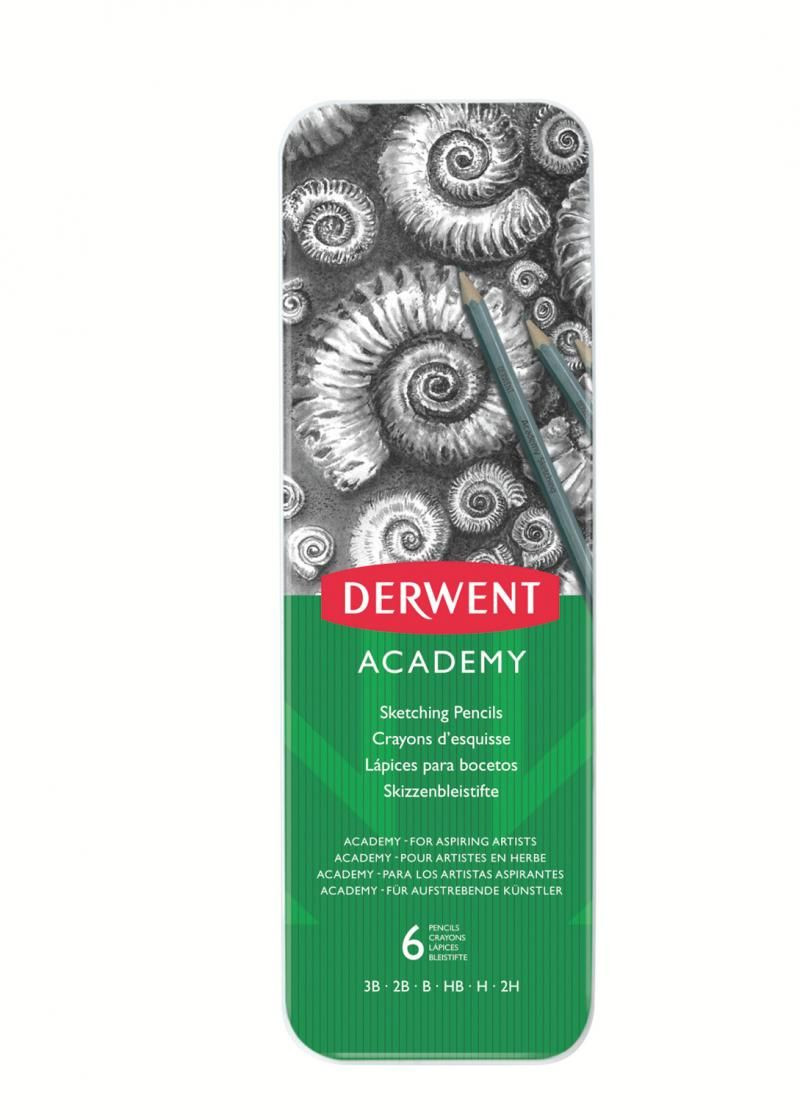 Set creioane grafit Derwent academy 3b-2h, cutie metal, 6 buc