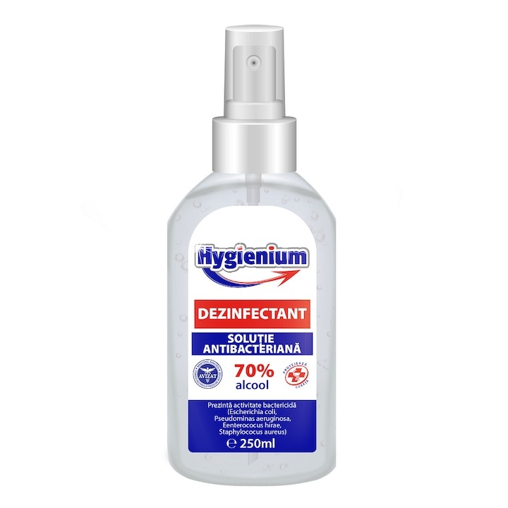 Soluție dezinfectantă, virucidă și antibacteriană pentru mâini, pe bază de alcool, cu pulverizator, Hygienium 250 ml, avizat Ministerul Sănătății