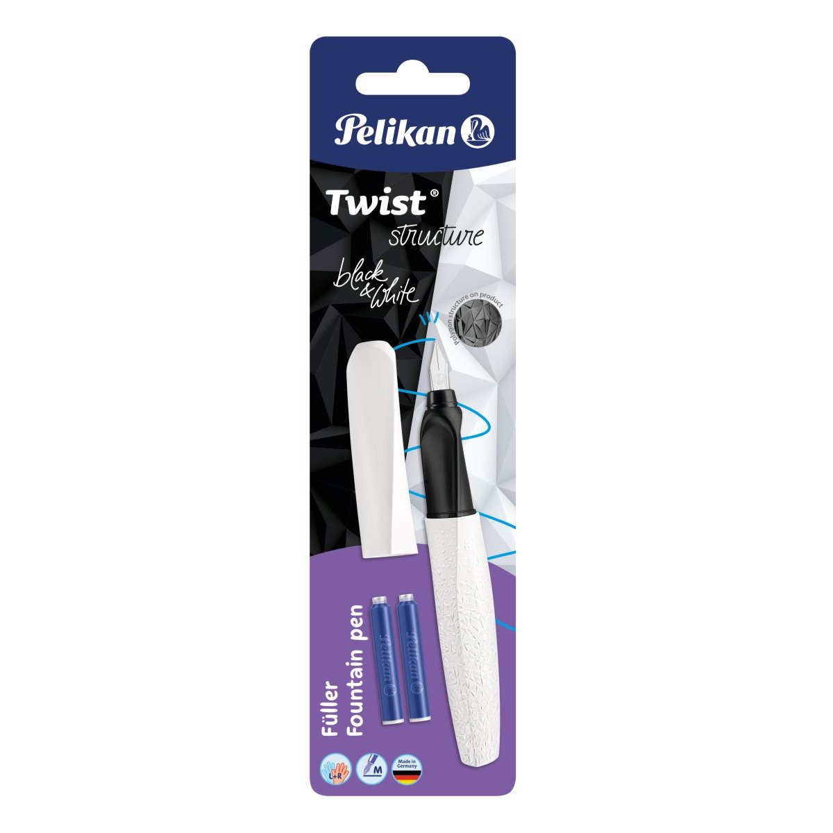STILOU TWIST STRUCTURE PENITA M, GRIP ERGONOMIC, AMBIDEXTRU, 2 REZERVE ALBASTRE INCLUSE, 2 CULORI ALB/NEGRU, BLISTER - 3 | YEO