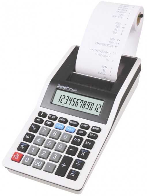 Calculator cu banda, 12 digits, 219 x 154 x 58 mm, Rebell PDC 10 - alb/negru