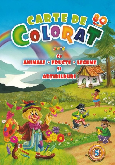Carte de colorat Jumbo A4 80 pagini - Animale, fructe, legume si abtibilduri Volumul 5
