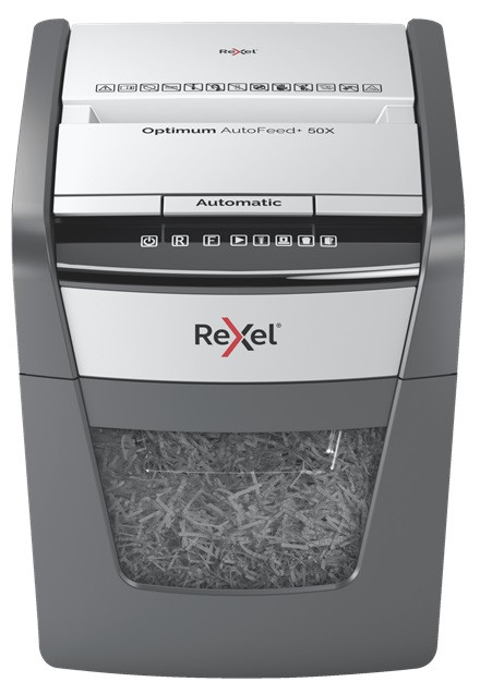 Distrugator documente automat REXEL OPTIMUM 50X, P4, cross-cut (confeti), 50 coli, cos 20l, negru-g