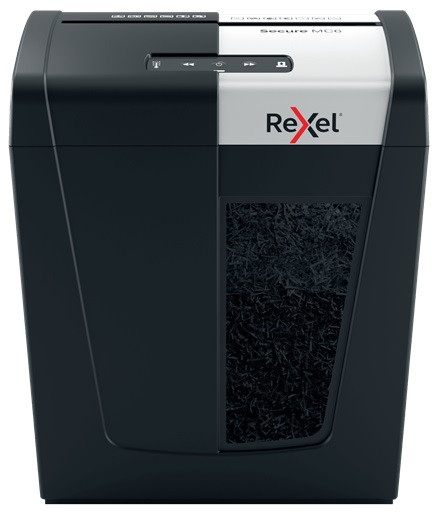 Distrugator documente manual REXEL SECURE MC6, P5, micro-cut (particule), 6 coli, 18l, negru-arginti