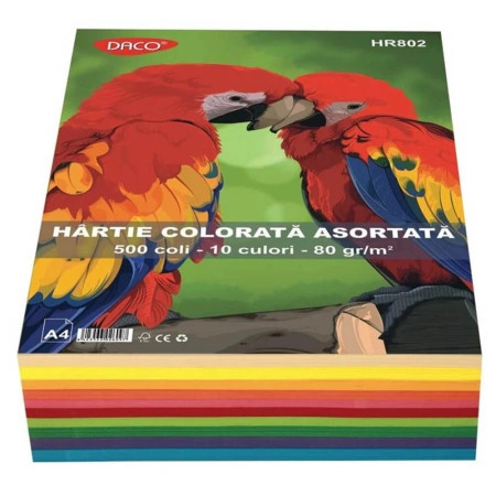 Hârtie color pentru copiator Daco HR802 A4, 80g, 500 coli, 10 culori