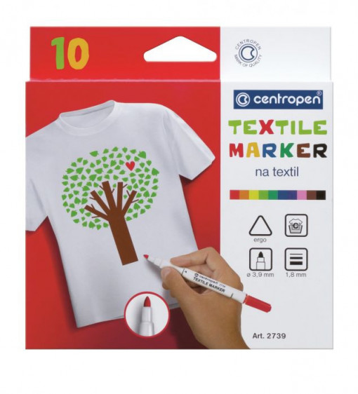 Marker Centropen pentru Textile varf rotund, 10 culori/set