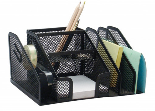 Organizer metalic Mesh, de birou, 6 compartimente + suport banda adeziva, Q-Connect - negru