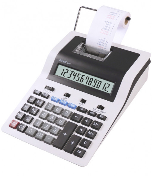 Calculator cu banda, 12 digits, 255 x 190 x 70 mm, Rebell PDC 30 - alb/negru