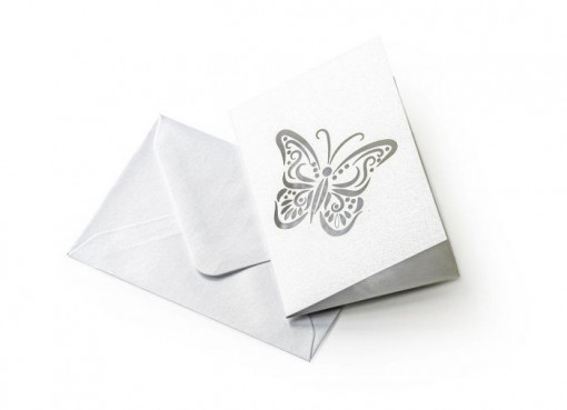 Plic alb + card pliat, fluture, gumat, 5buc/set, 70x100mm, Pearl
