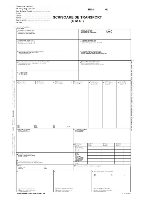 Scrisoare de transport internațional (CMR), hârtie autocopiativă, A4, 5 exemplare/set, 25 seturi, 250 file