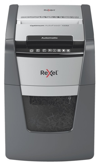 Distrugator documente automat REXEL OPTIMUM 100M, P5, micro-cut (particule), 100 coli, cos 34l, negr
