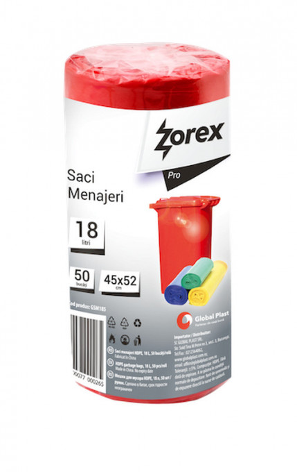 Saci menajeri Zorex Pro, 18L, rosu, 50 buc/rola