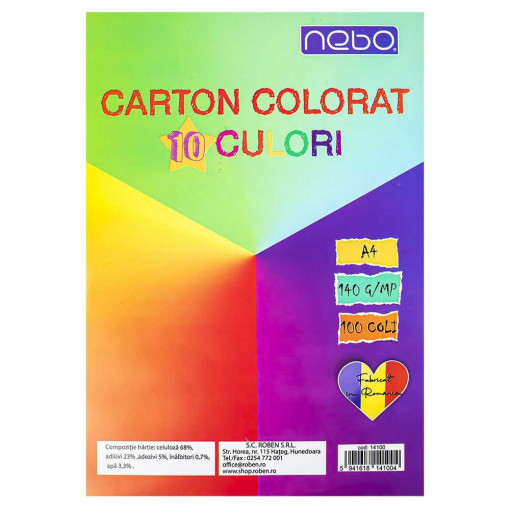 Carton colorat neted 140G A4 set 10 culori - 100 file