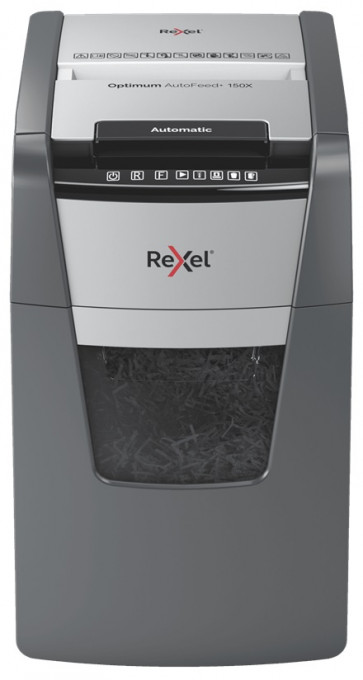 Distrugator documente automat REXEL OPTIMUM 150X, P4, cross-cut (confeti), 150 coli, cos 44l, negru-