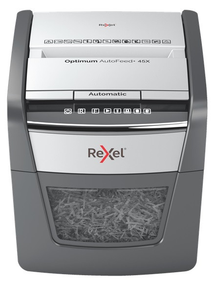 Distrugator documente automat REXEL OPTIMUM 45X, P4, cross-cut (confeti), 45 coli, cos 20l, negru-g
