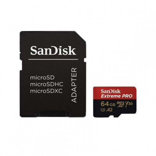 Micro Secure Digital Card SanDisk Extreme, 64GB, Clasa 10, R/W speed: 100MB/s/60MB/s, include adaptor