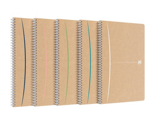 Caiet cu spirala A4, OXFORD Touareg, 90 file-90g/mp, coperta carton reciclat, kraft/dungi ass - dict