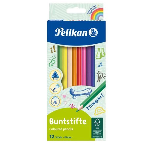 Creioane color, set 12 culori, sectiune triunghiulara, Pelikan