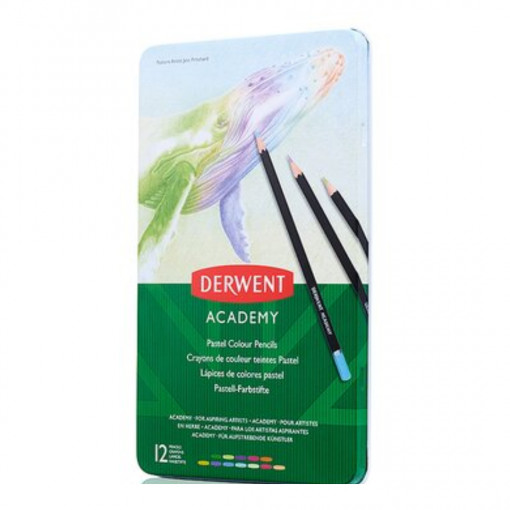 Creioane colorate DERWENT Academy, cutie metalica, 12 buc/set, culori pastel