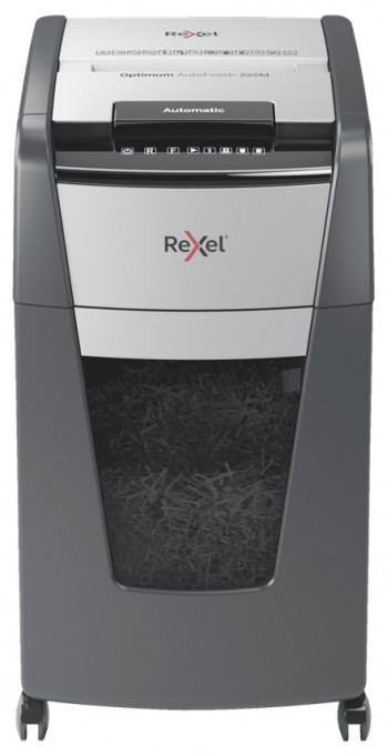 Distrugator documente automat REXEL OPTIMUM 225M, P5, micro-cut (particule), 225 coli, cos 60l, negr