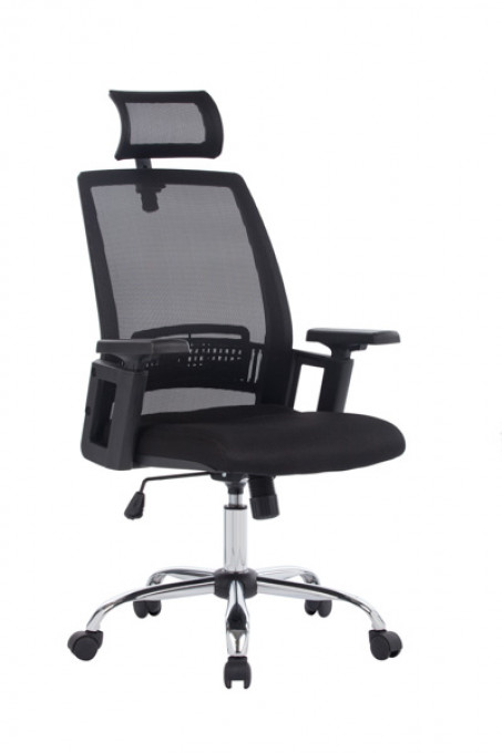 Scaun de birou, brate plastic, rotile, mesh textil, cu tetiera, Office Products Mykonos - negru