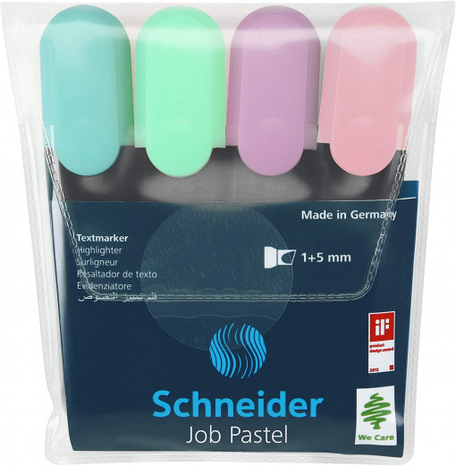 Set textmarkere Schneider Job Pastel, vârf lat, 4 culori/set -(turcoaz, mentă, lavandă, roze)