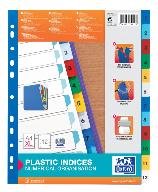 Index plastic color numeric 1-12, A4 XL, 120 microni, OXFORD