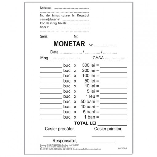 Monetar, hârtie autocopiativă, A6, 2 exemplare/set, 50 seturi, 100 file