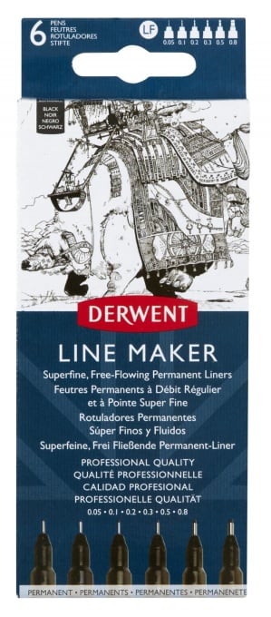 Set 6 buc liner grafic profesional Derwent (0.05/0.1/0.2/0.3/0.5/0.8 mm), negru