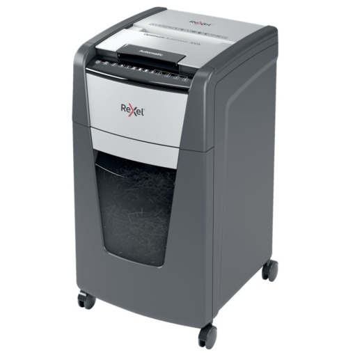 Distrugator de documente automat REXEL OPTIMUM 300X, P4, cross-cut (confeti), 300 coli, cos 60l, negru